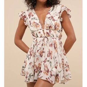 Lulus Flirty Ways Cream Floral Print Flutter Sleeve Romper